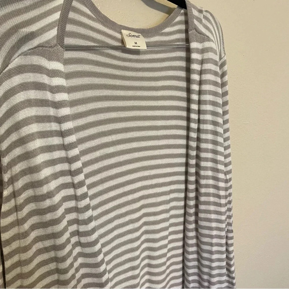 Soma Womens Striped Long Cardigan Size M Open Front Duster Gray Minimalist - Picture 2 of 6